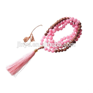 108 rosa Edelstein aus Holz Meditation Perlen Halskette Yoga Tassel Halskette Schmuck